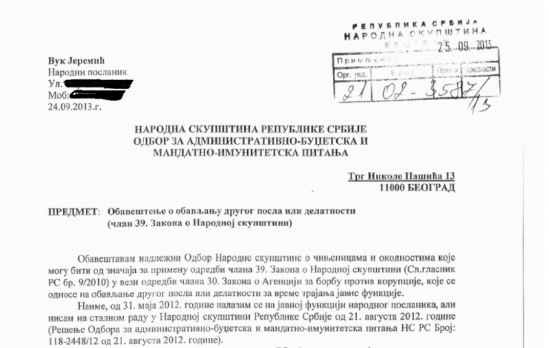 Although the consultancy for CEFC and PEMEX started to work even before March 2013, Jeremic only requested in September and November 2013 the approval of these business arrangements from from the competent parliamentary committee